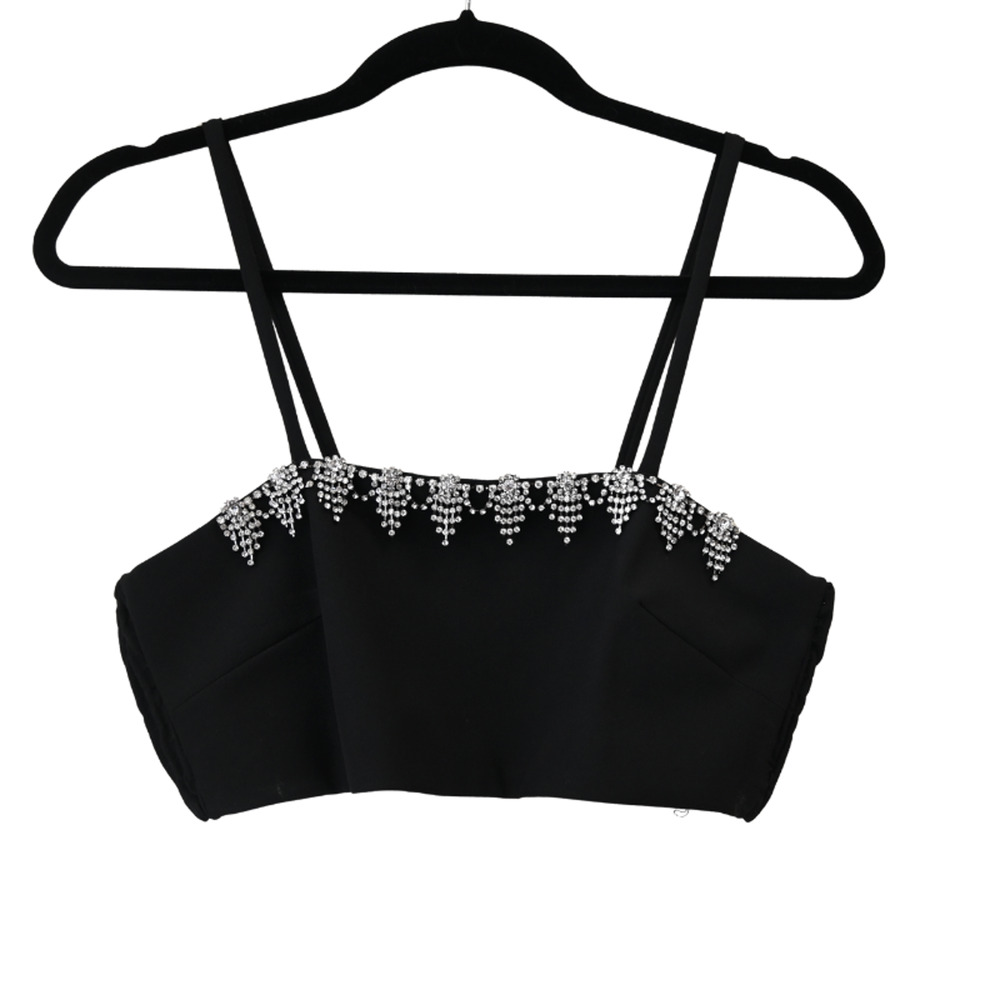 Sandro Bra Crop Top Size 0/2 Black Embellished Rhinestone Smocked Sleeveless